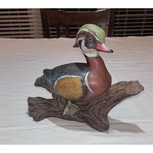 Vintage Duck Setting On Log Ceramic Mallard Figurine Hand Painted